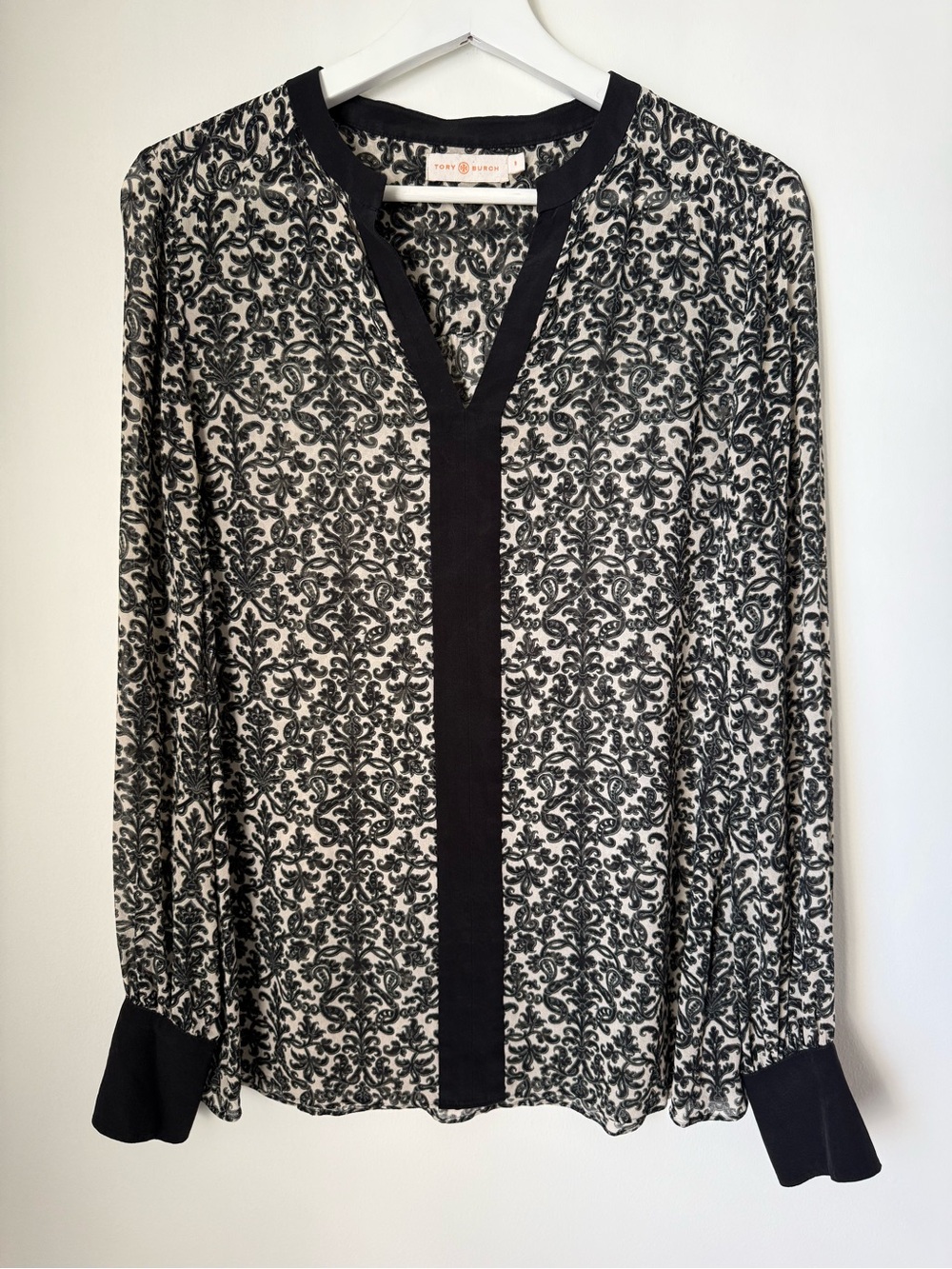 Tory Burch Melissa Paisley Tunic Blouse Black Cream 8